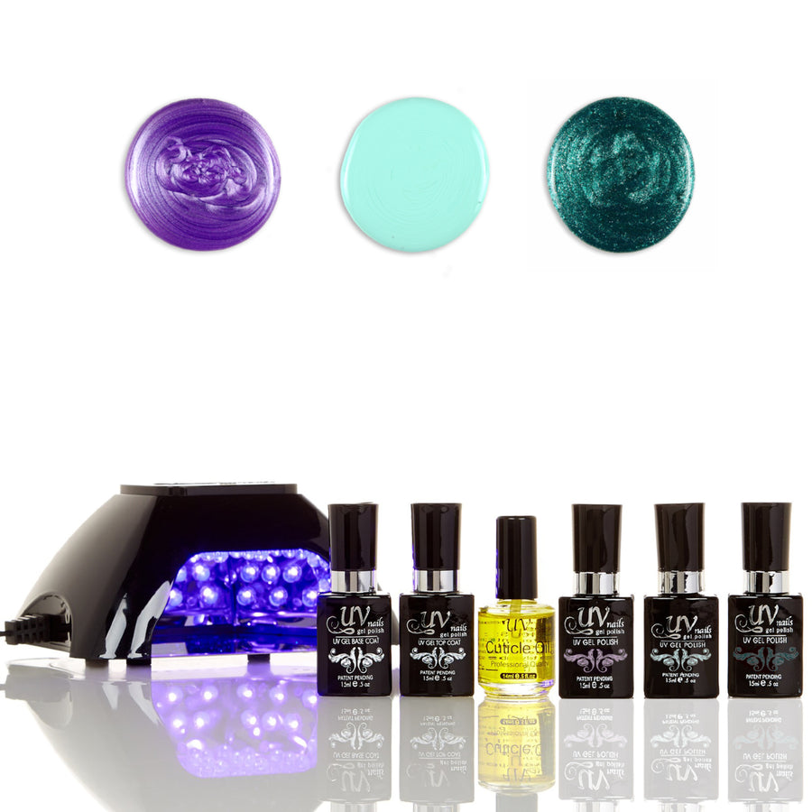 UV-NAILS Salon Quality Gel Polish Starter Kit with Black LED Lamp Colors: G65-GL5-G75 Image 1