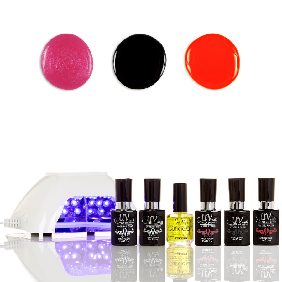 UV-NAILS Salon Quality Gel Polish Starter Kit with White LED Lamp Colors: G72-G84-GL12 Image 1