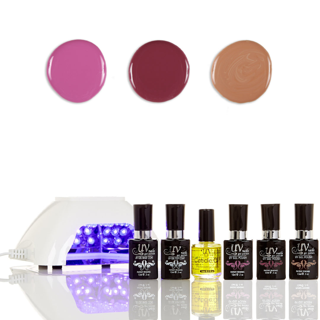 UV-NAILS Salon Quality Gel Polish Starter Kit with White LED Lamp Colors: G25-G37-G49 Image 1