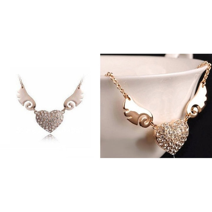 Gold Plated Angel Wings Crystal Heart Pendant Necklace Image 4