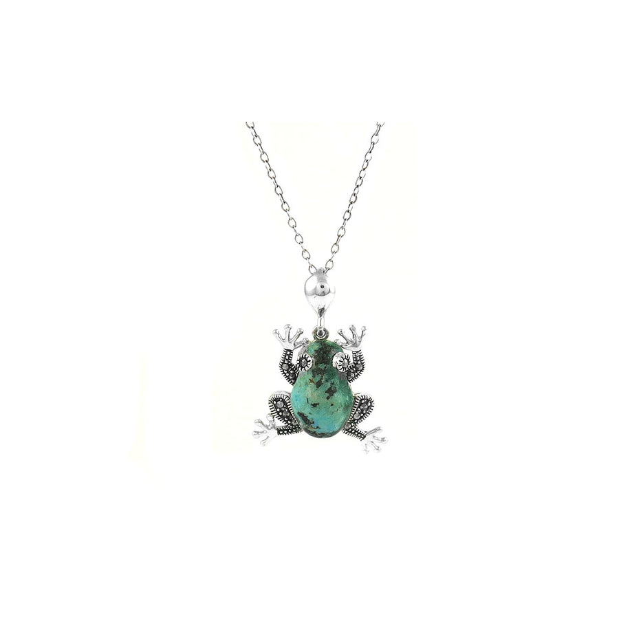 Genuine Turquoise Marcasite Sterling Silver Frog Pendant with 18 Inch Chain Image 1