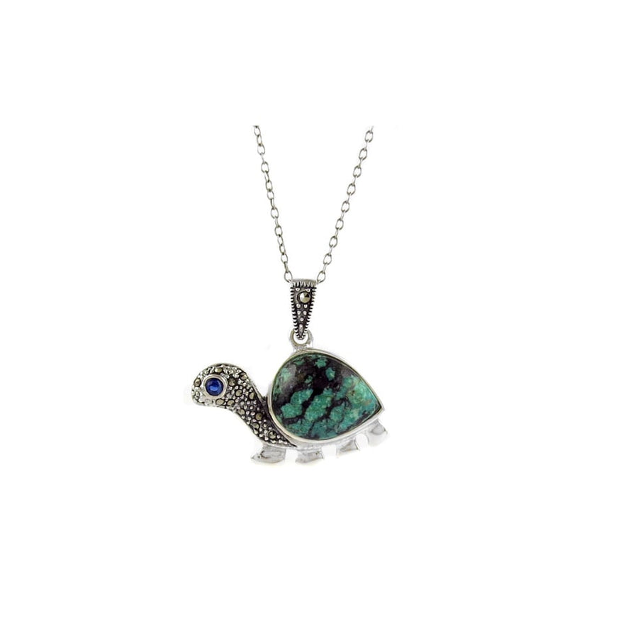 Genuine Turquoise Marcasite Sterling Silver Turtle Pendant with Chain 18 Inch Image 1