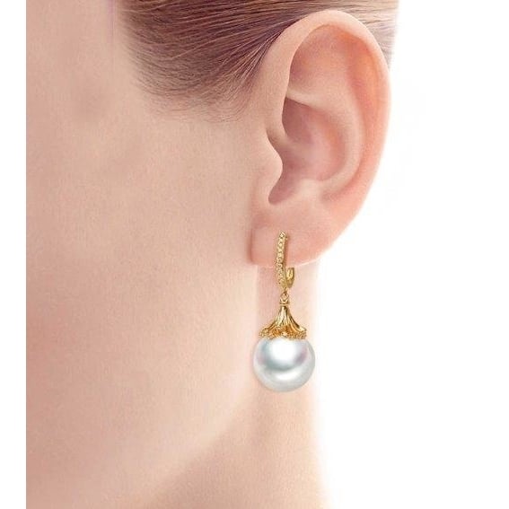 Micropave Pearl Drop Earrings in 18K Gold Image 1