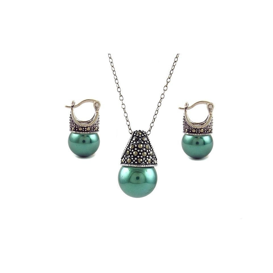 Genuine Marcasite Sterling Silver Pearl Earring Necklace Set Multiple Colors Image 1