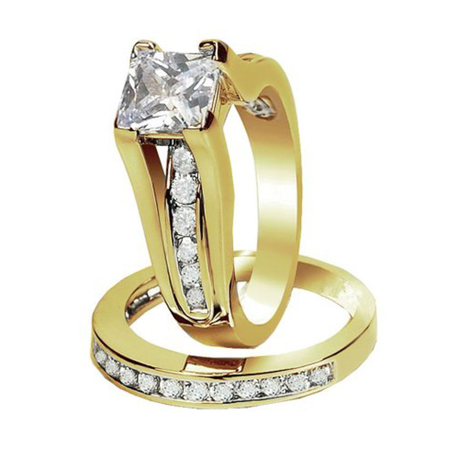 Womens Stainless Steel 316 1.38 Carat Zirconia Gold Plated Weddding Ring Set Image 1