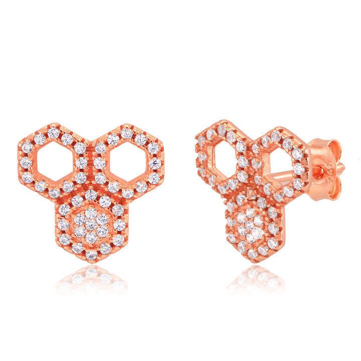 Sterling Silver Rose Gold Plated Honeycomb CZ Stud Earrings Image 1