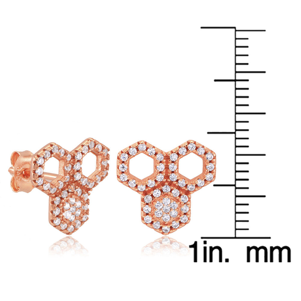 Sterling Silver Rose Gold Plated Honeycomb CZ Stud Earrings Image 2