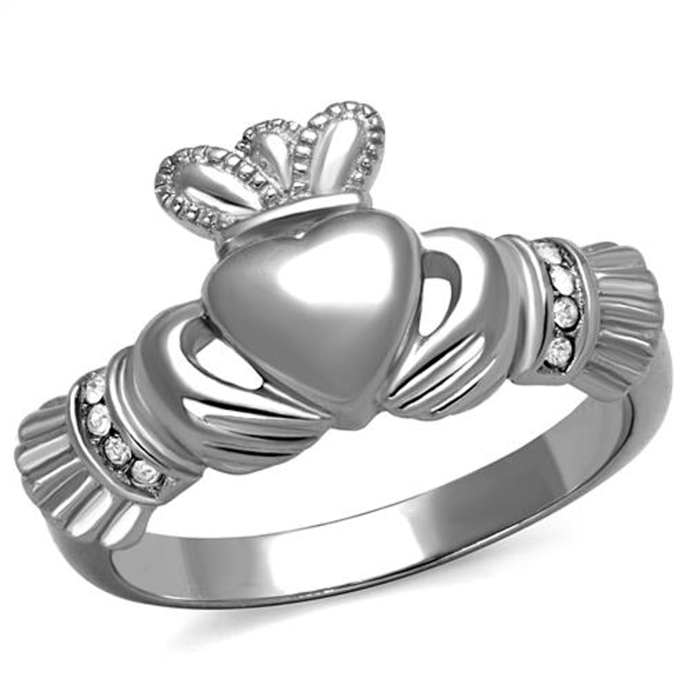 Stainless Steel Irish Claddagh Crystal Promise Fashion Ring Womens Size 5-10 Image 1