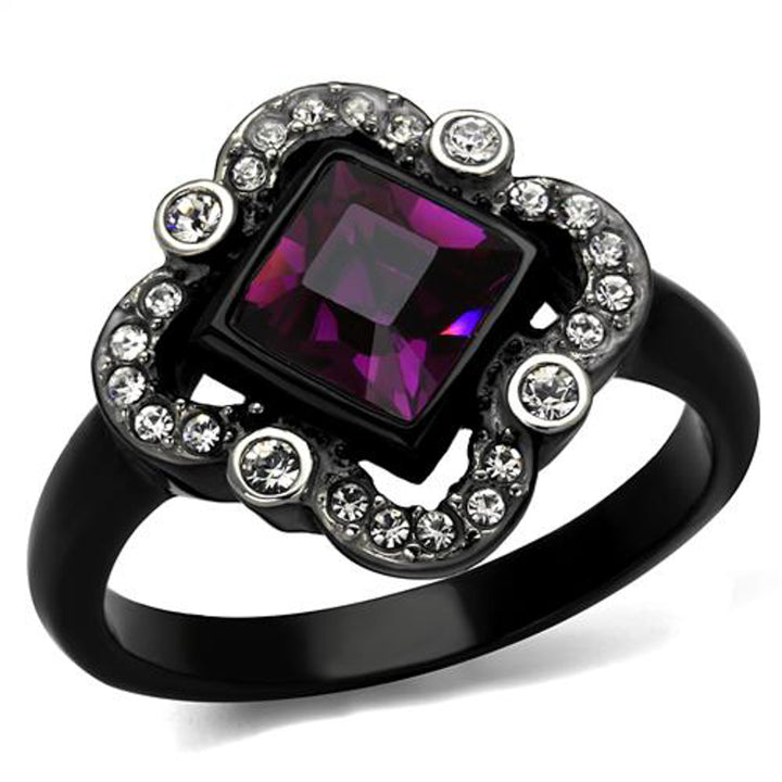 Princess Cut Amethyst Cz Black Stainless Steel Clover Fashion Ring Womens 5-10 Image 1
