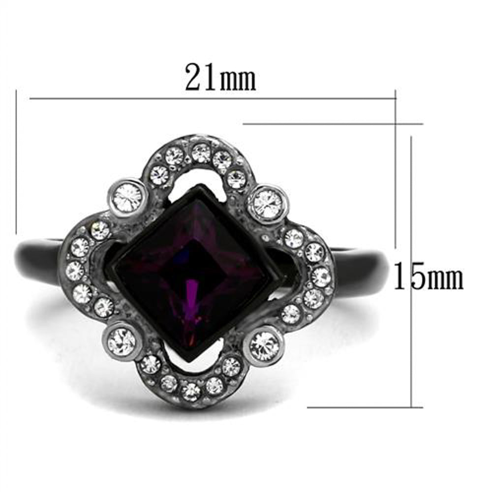 Princess Cut Amethyst Cz Black Stainless Steel Clover Fashion Ring Womens 5-10 Image 2