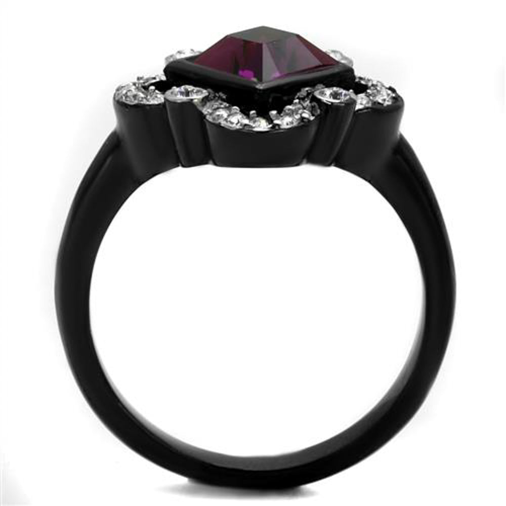 Princess Cut Amethyst Cz Black Stainless Steel Clover Fashion Ring Womens 5-10 Image 3