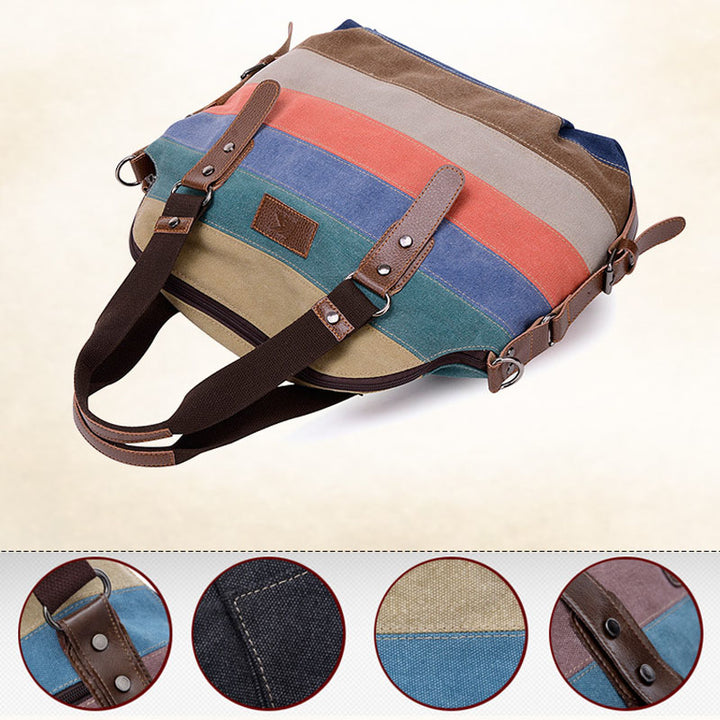 Women Rainbow Color Stripes Canvas Handbag Image 3