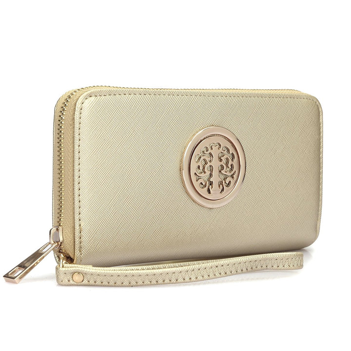 Dasein Zip Around Wallet Purse Faux Leather Gold Emblem 7.75x4 Inch Removable Strap Image 1