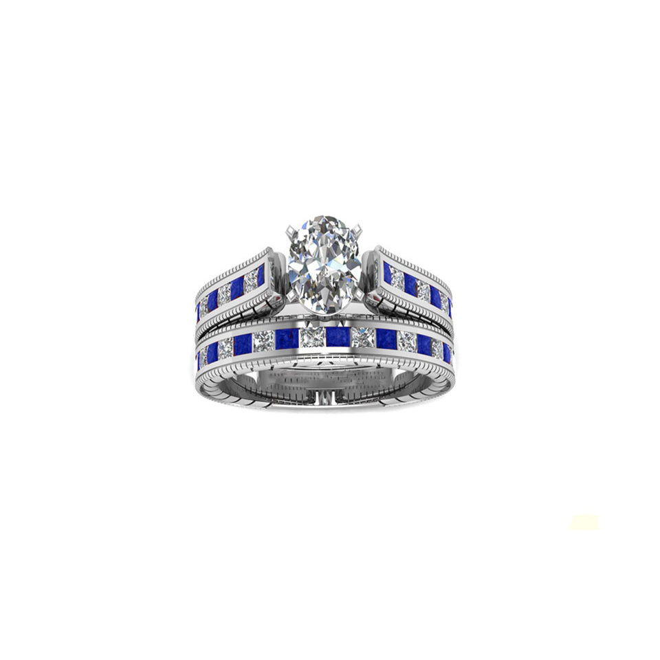2 piece 2.5 cttw Simluated Sapphire Ring and Band Set in 18k White Gold Image 1