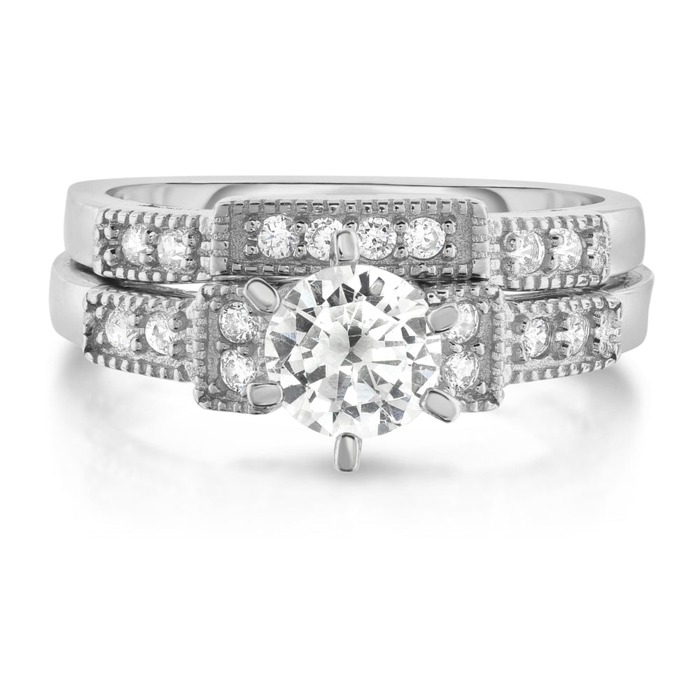 18kt White Gold Plated Sterling Silver Diamond Cut Bridal Ring And Band Set Image 2