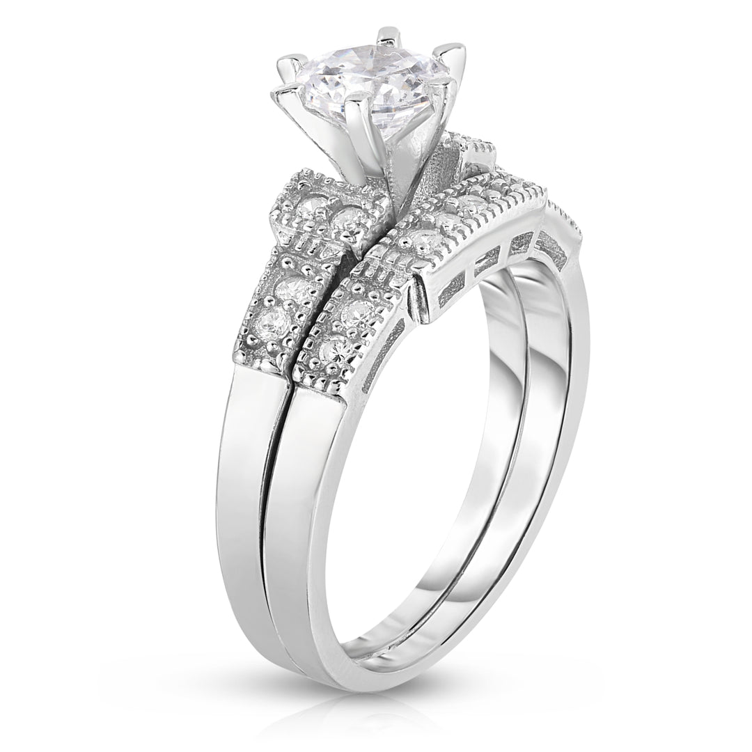 18kt White Gold Plated Sterling Silver Diamond Cut Bridal Ring And Band Set Image 3