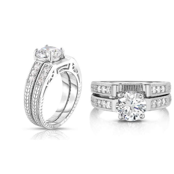 2 Piece Simulated Diamond Diamond Cut Bridal Ring and Band Set in 18K White Gold Image 1