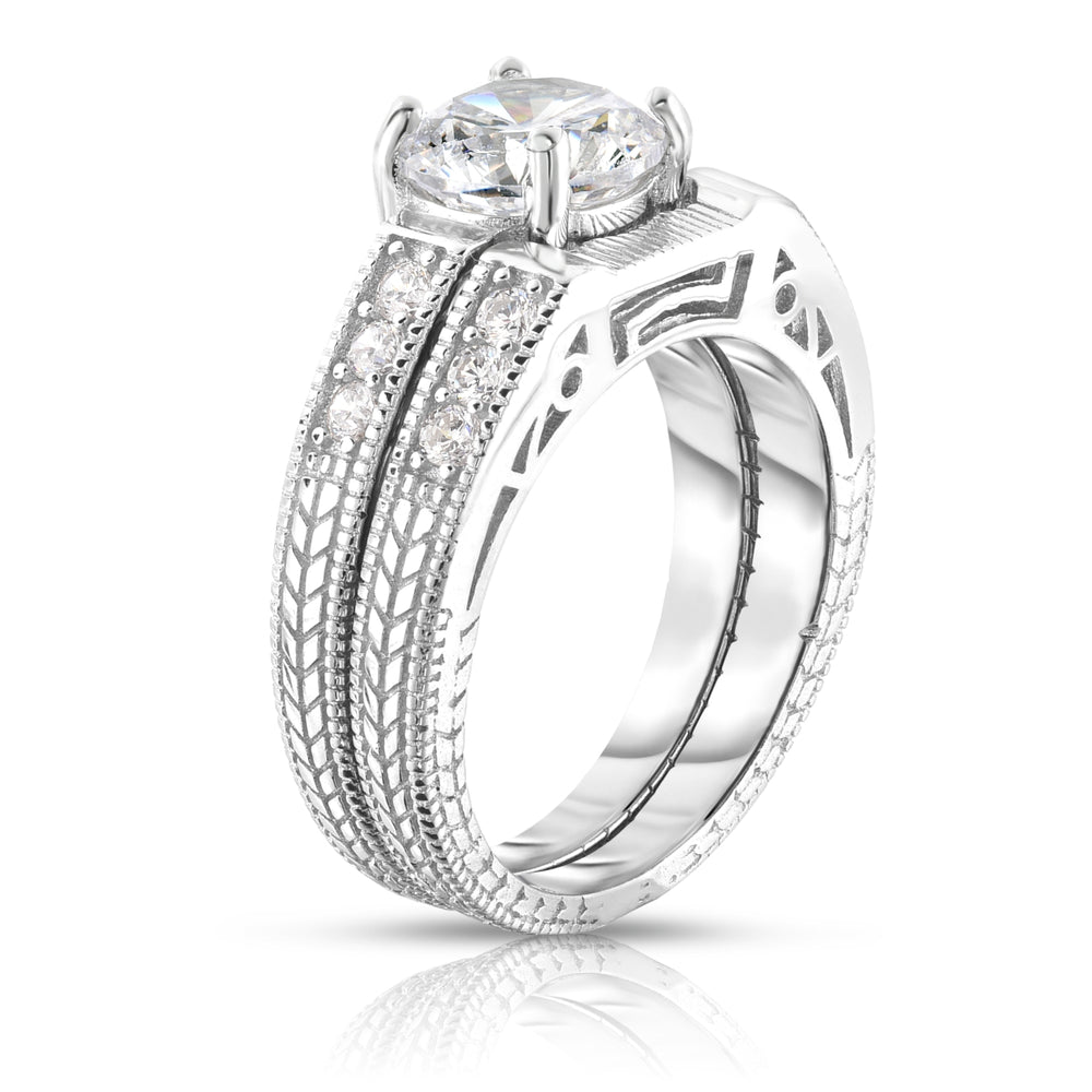 2 Piece Simulated Diamond Diamond Cut Bridal Ring and Band Set in 18K White Gold Image 2