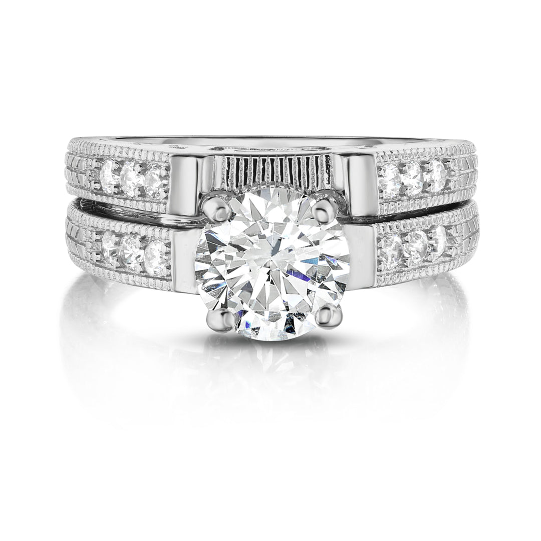 2 Piece Simulated Diamond Diamond Cut Bridal Ring and Band Set in 18K White Gold Image 3