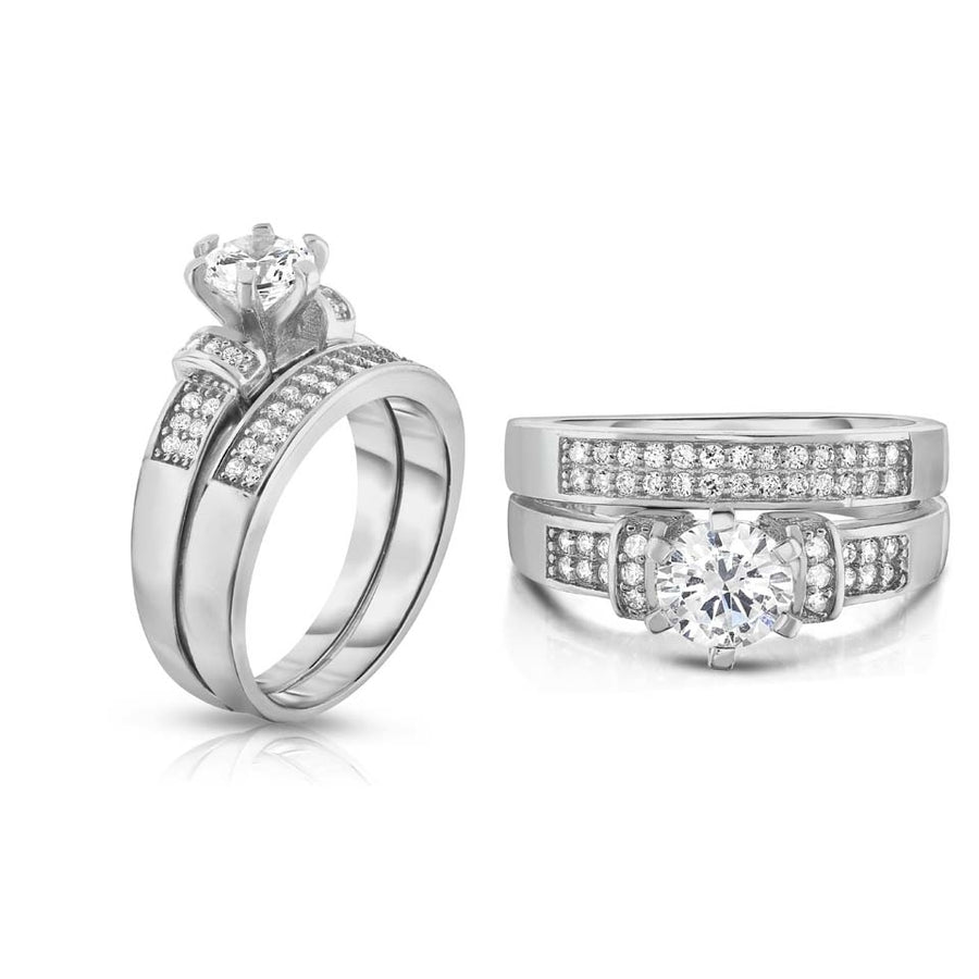 2 Piece Dual Row Simulated Diamond Bridal Ring and Band Set In 18k White Gold Image 1