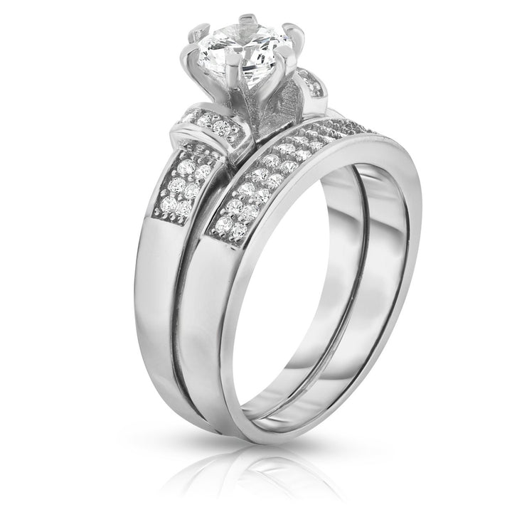 2 Piece Dual Row Simulated Diamond Bridal Ring and Band Set In 18k White Gold Image 2