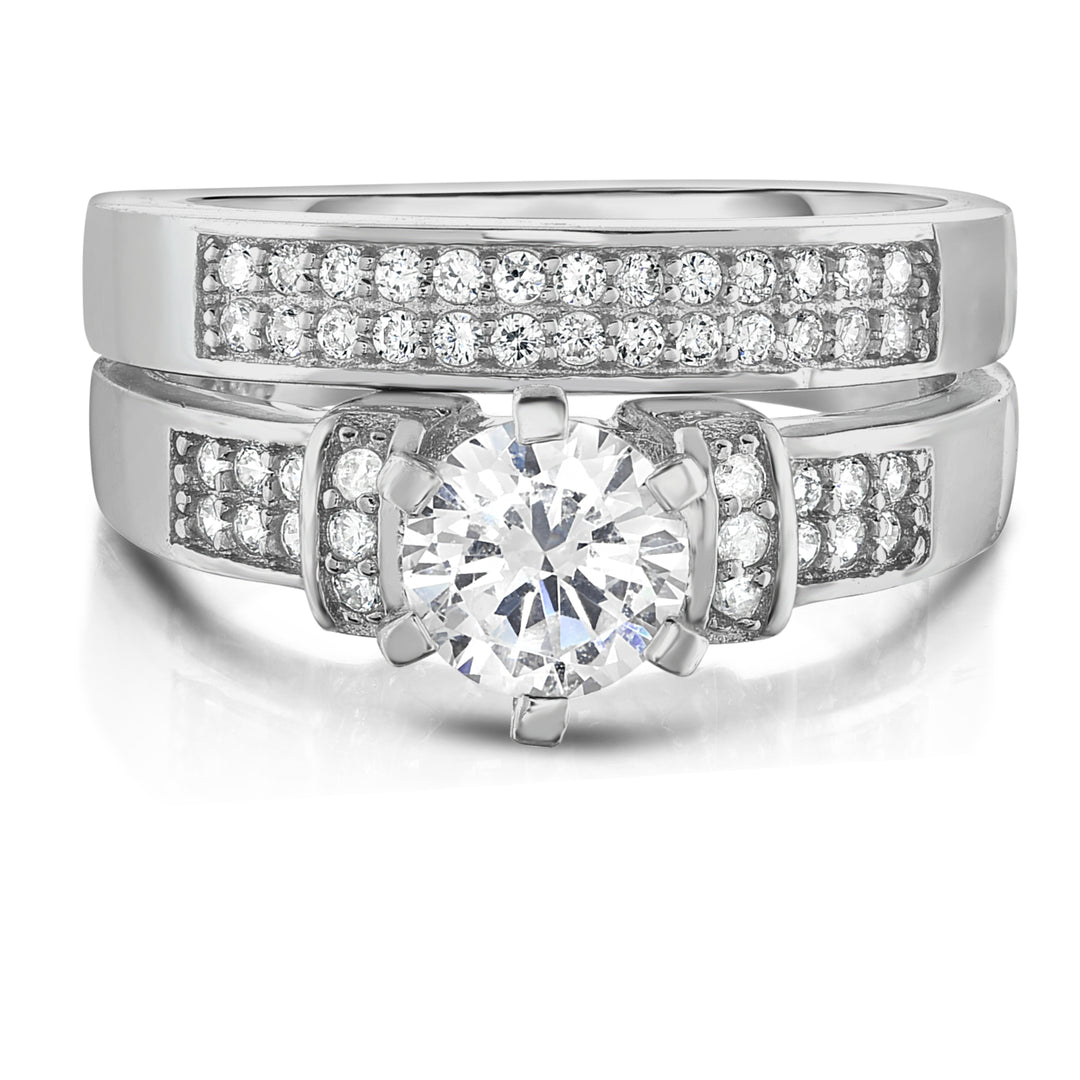 2 Piece Dual Row Simulated Diamond Bridal Ring and Band Set In 18k White Gold Image 3