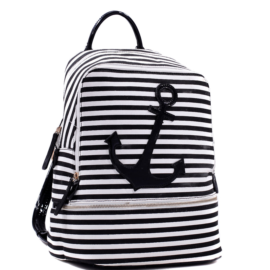 Dasein Striped Canvas Backpack Adjustable Straps Faux Leather Anchor 11.5x14.5 Image 1