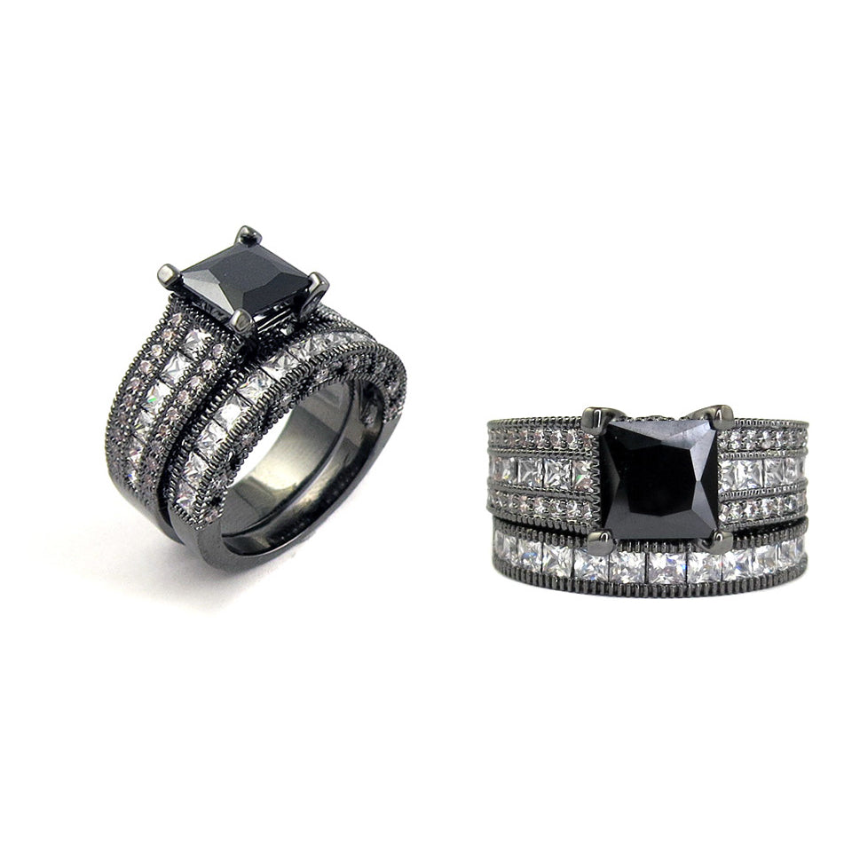 2 Piece 4.50 CTTW Black And White Princes Cut Ring and Band Set In Black Rhodium Image 2