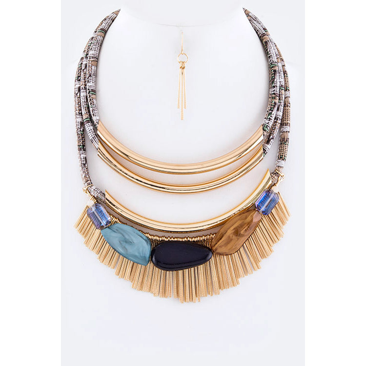 Gem Stone + Fringes Collar Statement Necklace Set Image 2