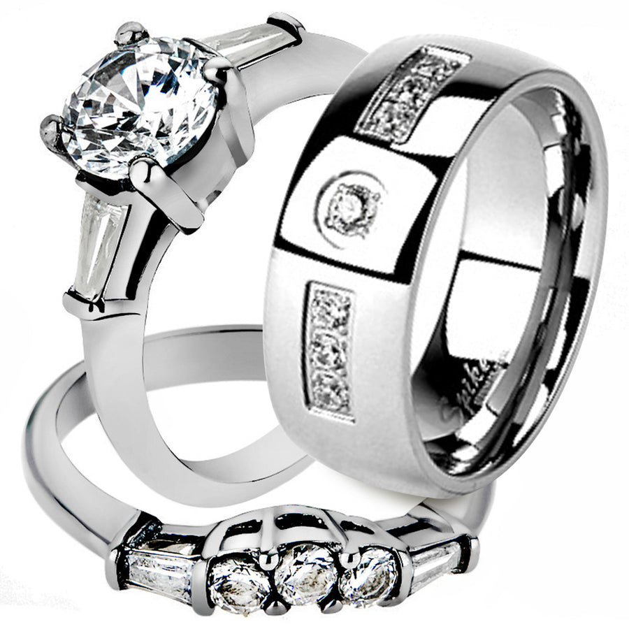 His & Her Stainless Steel 1.95 Ct Cz Bridal Ring Set & Men Zirconia Wedding Band Image 1