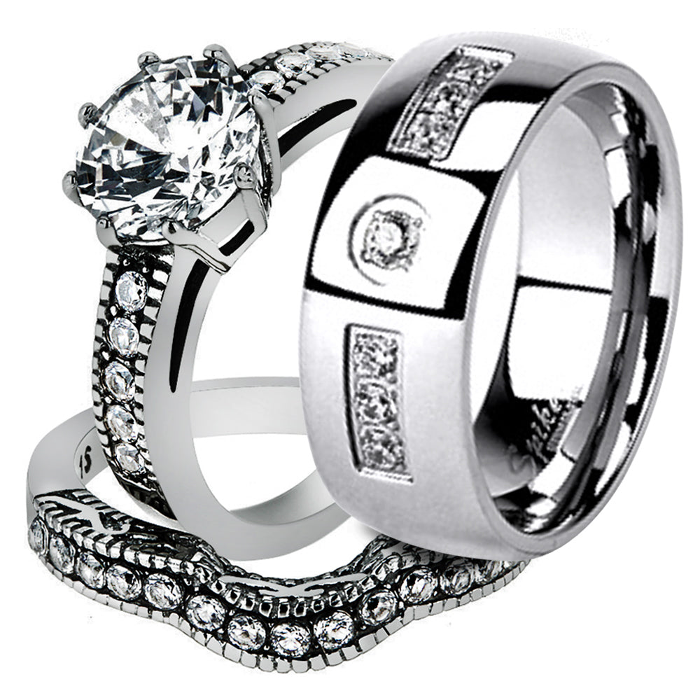 His & Her Stainless Steel 2.29 Ct Cz Bridal Ring Set & Men Zirconia Wedding Band Image 1