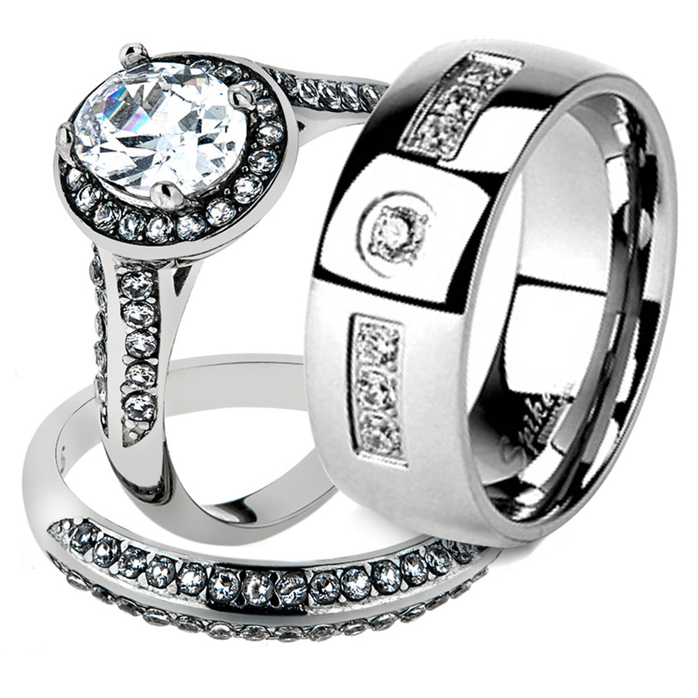 His & Her Stainless Steel 2.60 Ct Cz Bridal Ring Set & Men Zirconia Wedding Band Image 1