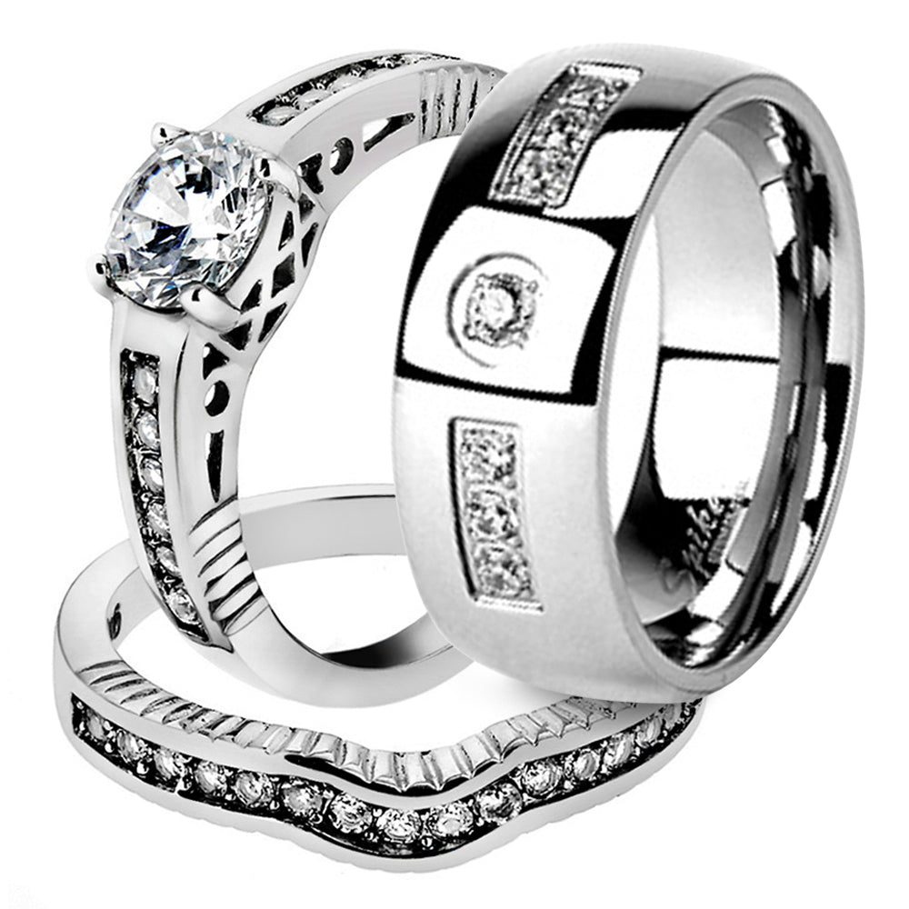 His and Her Stainless Steel 1.75 Ct Cz Bridal Ring Set and Men Zirconia Wedding Band Image 1