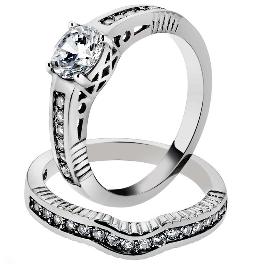 His and Her Stainless Steel 1.75 Ct Cz Bridal Ring Set and Men Zirconia Wedding Band Image 2
