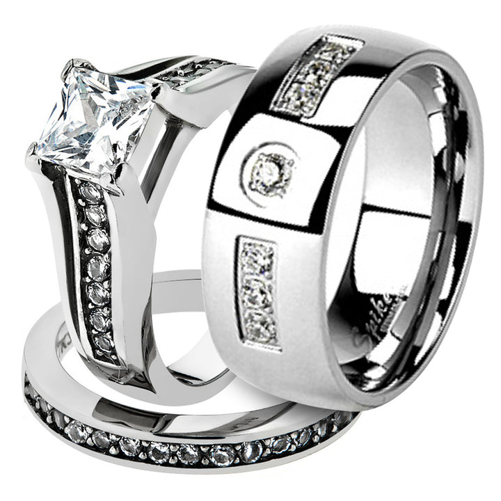 His & Her Stainless Steel 2.10 Ct Cz Bridal Ring Set & Men Zirconia Wedding Band Image 1