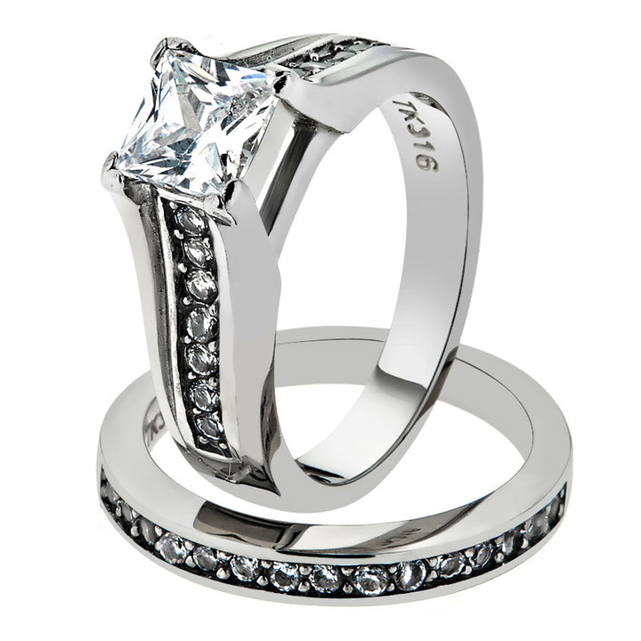 His & Her Stainless Steel 2.10 Ct Cz Bridal Ring Set & Men Zirconia Wedding Band Image 2