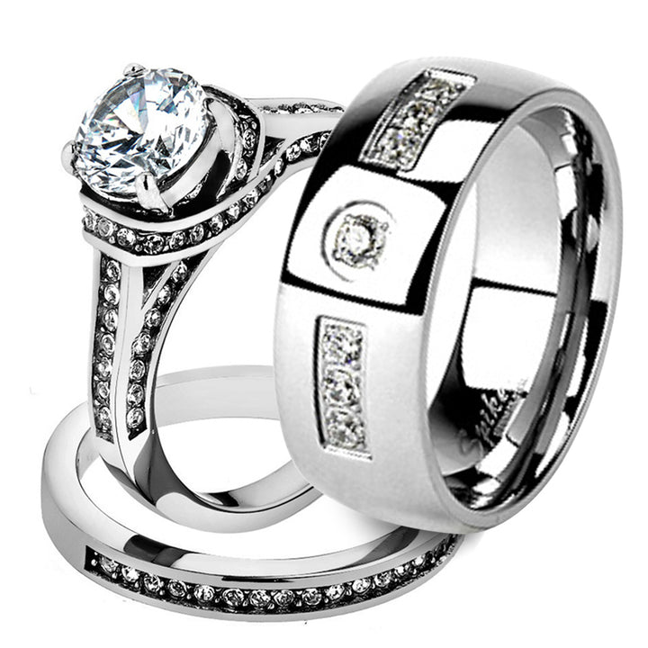His and Her Stainless Steel 2.75 Ct Cz Bridal Ring Set and Men Zirconia Wedding Band Image 1