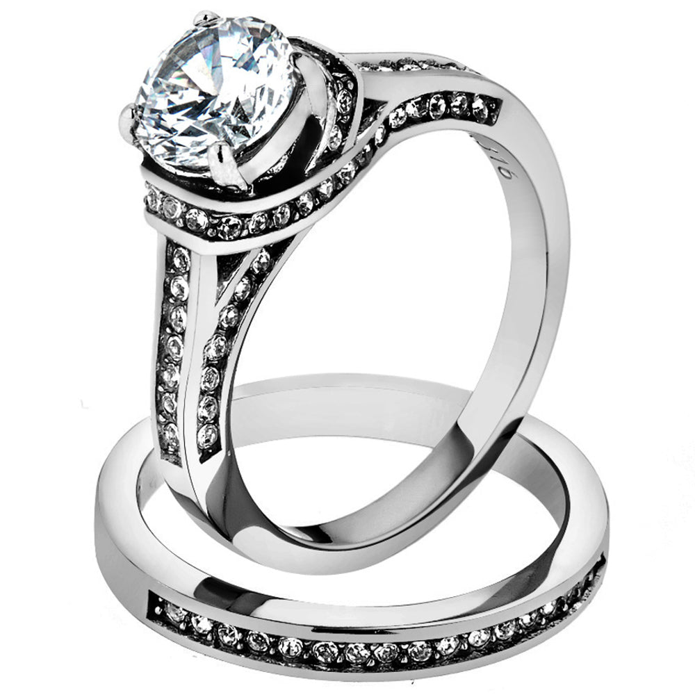 His and Her Stainless Steel 2.75 Ct Cz Bridal Ring Set and Men Zirconia Wedding Band Image 2