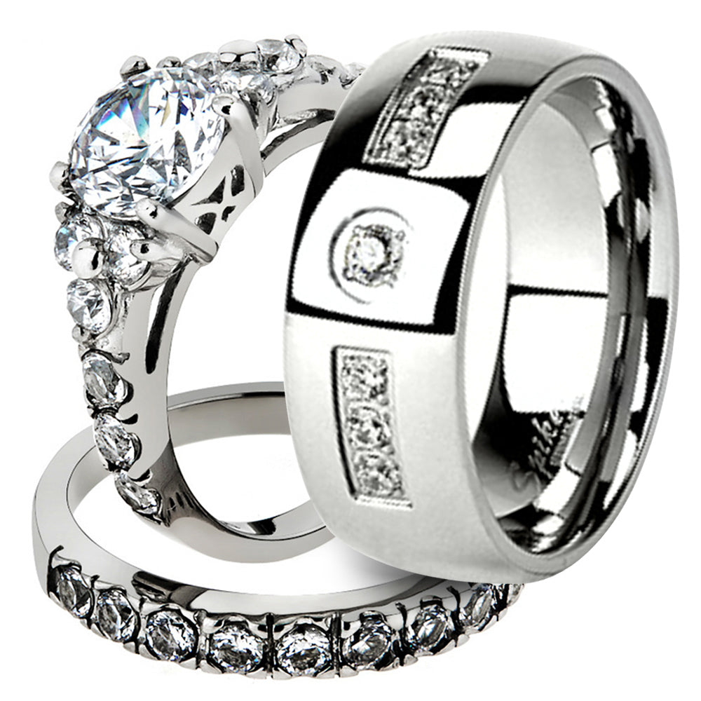 His and Her Stainless Steel 2.50 Ct Cz Bridal Ring Set and Men Zirconia Wedding Band Image 1