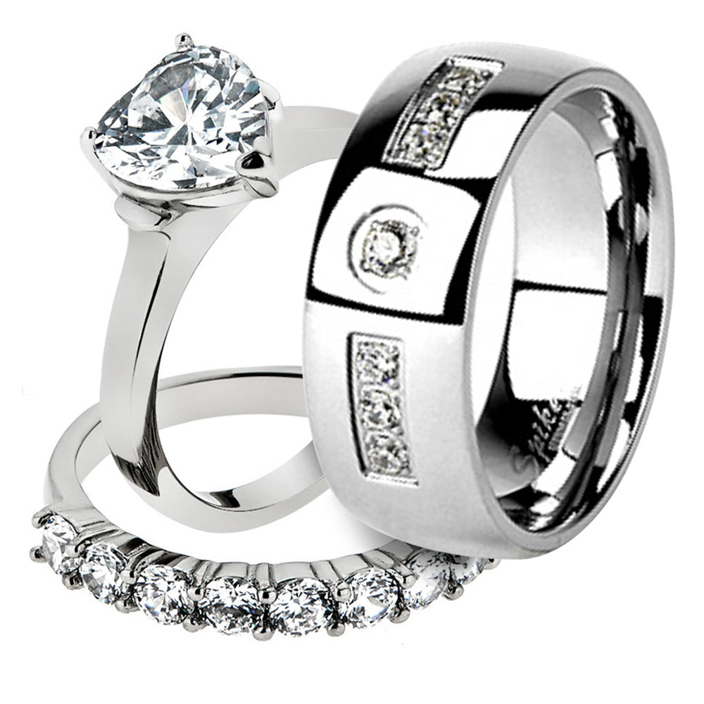 His and Her Stainless Steel 2.70 Ct Cz Bridal Ring Set and Men Zirconia Wedding Band Image 1