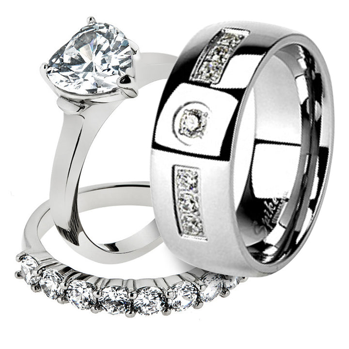 His and Her Stainless Steel 2.70 Ct Cz Bridal Ring Set and Men Zirconia Wedding Band Image 2