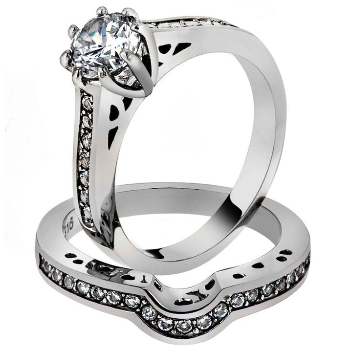 His and Her 3 Pc Stainless Steel 1.85 Ct Cz Bridal Set and Men Zirconia Wedding Band Image 2