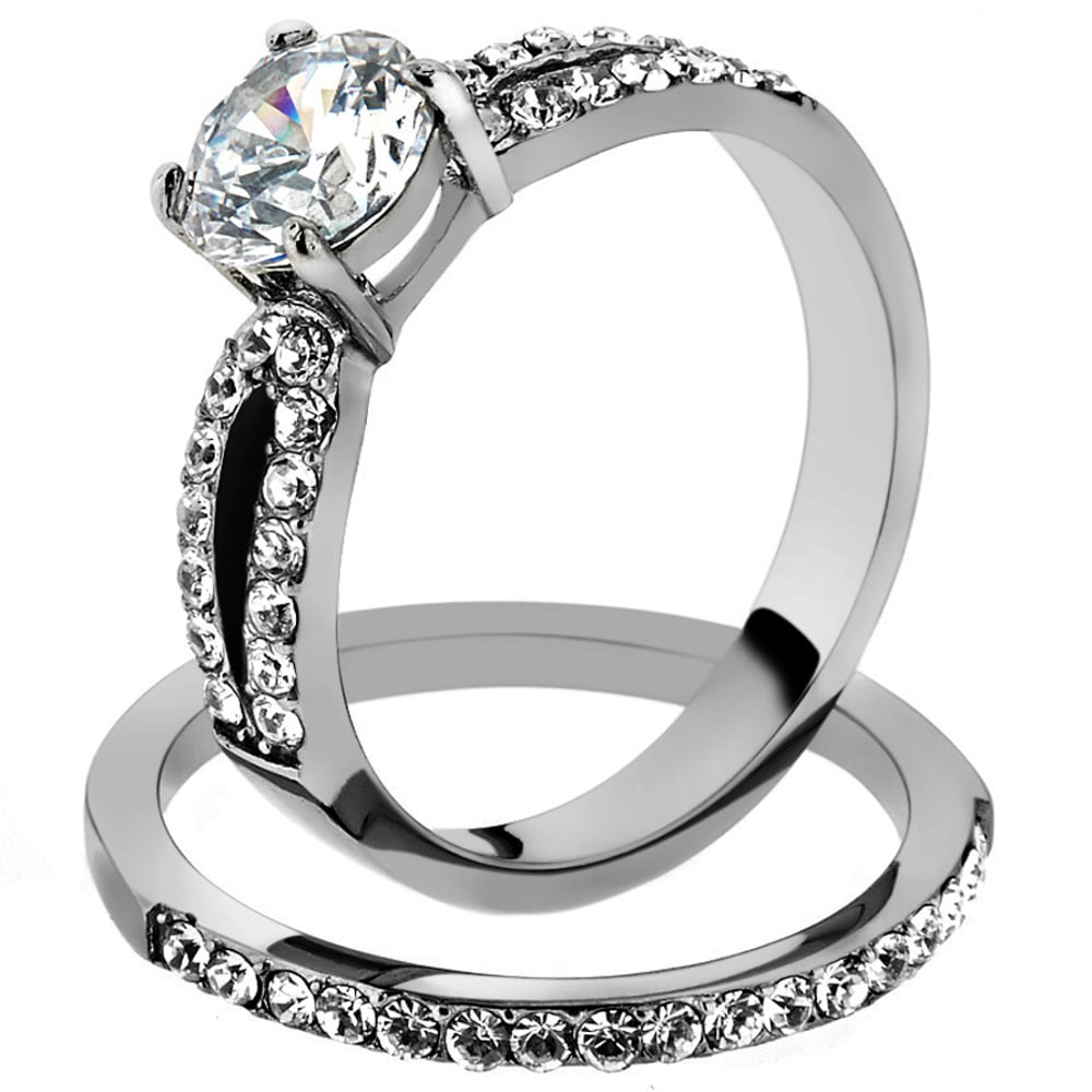 His and Her 3 Pc Stainless Steel 1.25 Ct Cz Bridal Set and Men Zirconia Wedding Band Image 2