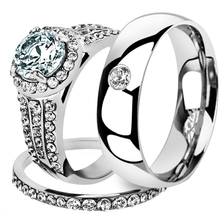 His and Her 3 Pc Stainless Steel 2.45 Ct Cz Bridal Set and Men Zirconia Wedding Band Image 1