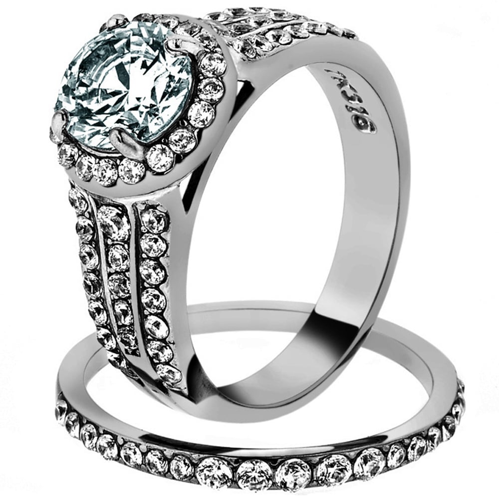 His and Her 3 Pc Stainless Steel 2.45 Ct Cz Bridal Set and Men Zirconia Wedding Band Image 2