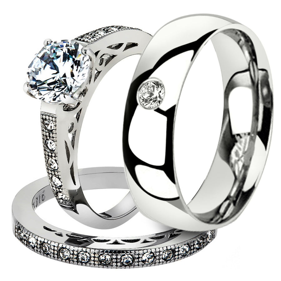 His and Her 3 Pc Stainless Steel 1.39 Ct Cz Bridal Set and Men Zirconia Wedding Band Image 1