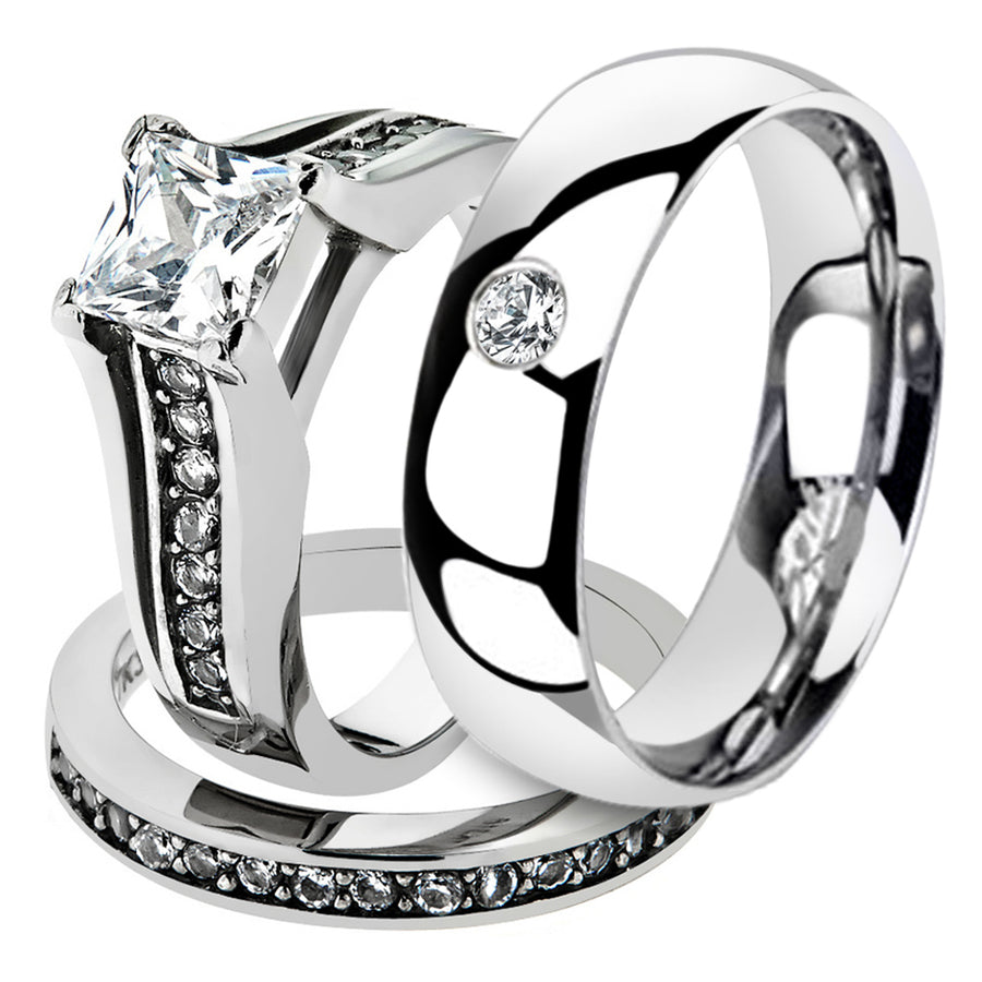 His and Her 3 Pc Stainless Steel 2.10 Ct Cz Bridal Set and Men Zirconia Wedding Band Image 1