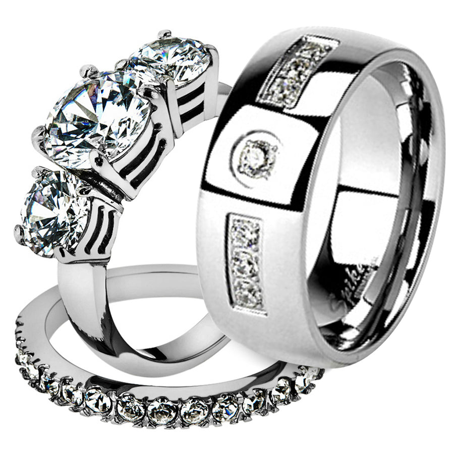 His and Her Stainless Steel 4.17 Ct Cz Bridal Ring Set and Men Zirconia Wedding Band Image 1