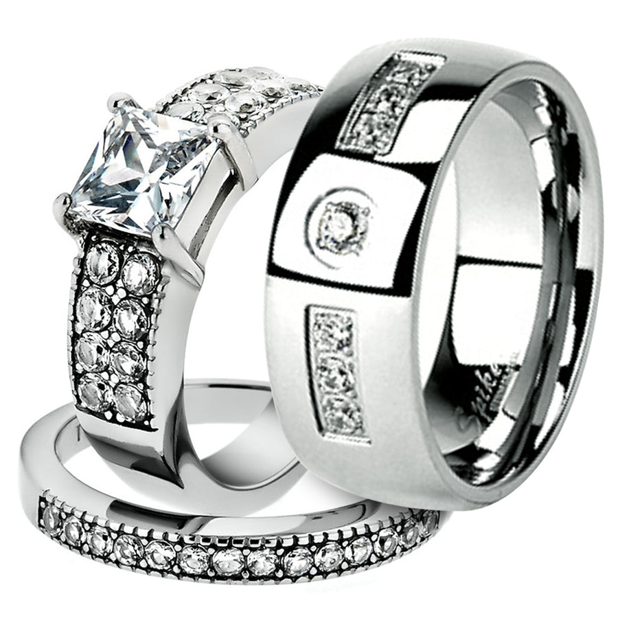 His and Her Stainless Steel 2.07 Ct Cz Bridal Ring Set and Men Zirconia Wedding Band Image 1