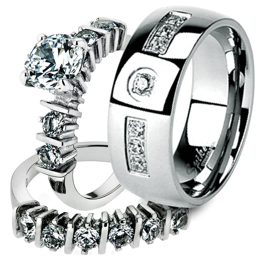 His and Her Stainless Steel 2.38 Ct Cz Bridal Ring Set and Men Zirconia Wedding Band Image 1